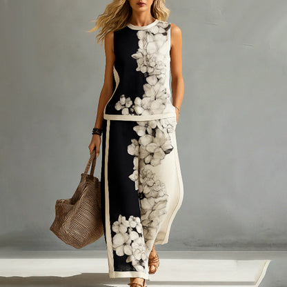 👗50% OFF NOW! Women's Botanical Floral Print Two Piece Set – Sleeveless Top & Wide Leg Pants Outfit, Breathable Relaxed Fit Elegant Casual Suit for Daily Wear Vacation & Light Commute