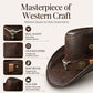 🤠50% OFF NOW ! 🌟Vintage Wide Brim Cowboy Hat with Strap – Distressed Western Fedora with Metal Decor, All-Season Sun Hat for Men & Women