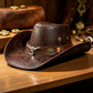 🤠50% OFF NOW ! 🌟Vintage Wide Brim Cowboy Hat with Strap – Distressed Western Fedora with Metal Decor, All-Season Sun Hat for Men & Women