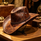 🤠50% OFF NOW ! 🌟Vintage Wide Brim Cowboy Hat with Strap – Distressed Western Fedora with Metal Decor, All-Season Sun Hat for Men & Women