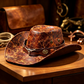 🤠50% OFF NOW ! 🌟Vintage Wide Brim Cowboy Hat with Strap – Distressed Western Fedora with Metal Decor, All-Season Sun Hat for Men & Women