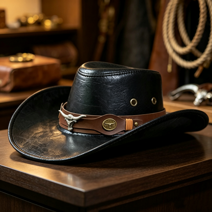 🤠50% OFF NOW ! 🌟Vintage Wide Brim Cowboy Hat with Strap – Distressed Western Fedora with Metal Decor, All-Season Sun Hat for Men & Women