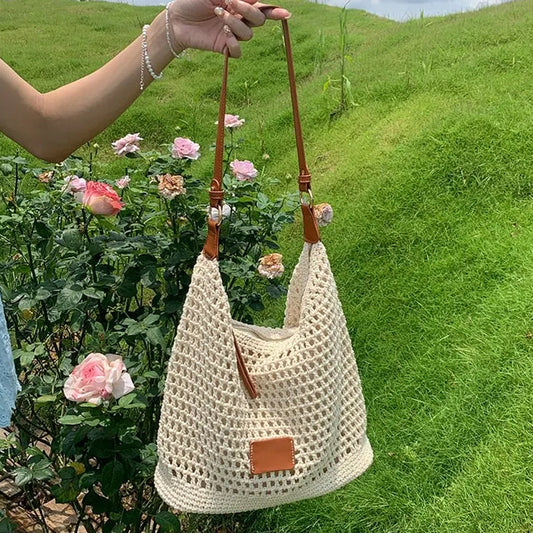 👜 LIMITED-TIME 50% OFF! Roomy Crochet Woven Shoulder Bag, Breathable Hollow Out Summer Beach Tote Handbag ✨