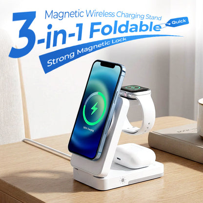 🔋50% OFF NOW! 3‑in‑1 Foldable Magnetic Wireless Charging Stand, Strong Magnetic Lock Fast Charger Station for Phone, Smart Watch & Earbuds, Portable Multi‑Device Charging Dock