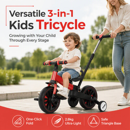 🚲50% OFF NOW! 3‑in‑1 Kids’ Tricycle Balance Bike – Ultra‑Light One‑Click Fold Toddler Tricycle with Push Handle, Safe Triangle Base for Kids Outdoor Play