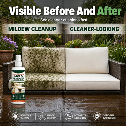 🧽50% OFF NOW! Patio Cushion Mold Remover Spray, Powerful Mildew Stain Cleaner, Quick Mold & Mildew Stain Removal Spray Safe for Outdoor Fabric Cushions, Patio Furniture Upholstery Cleaning Solution