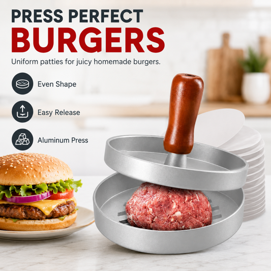 🍔50% OFF NOW! Burger Press with Wooden Handle, Aluminum Hamburger Patty Maker, Makes Uniform Even‑Shape Beef Patties, Easy Release Burger Mold for Home BBQ & Kitchen Cooking