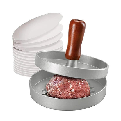 🍔50% OFF NOW! Burger Press with Wooden Handle, Aluminum Hamburger Patty Maker, Makes Uniform Even‑Shape Beef Patties, Easy Release Burger Mold for Home BBQ & Kitchen Cooking