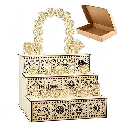 💀50% OFF NOW! Day of the Dead 3-Tier Wooden Ofrenda Altar – Hollow Cutout Memorial Altar Shelf, DIY Paintable Display Stand for Día de los Muertos Home Decor
