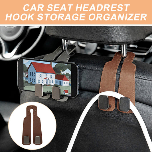 🚗50% OFF NOW! Durable Car Seat Headrest Hook Storage Organizer – Multifunctional Leather Car Headrest Hanger with Phone Holder, Universal Back Seat Storage Hooks for Handbags Groceries Purse