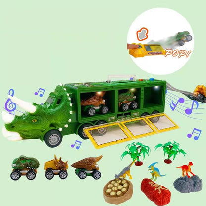 🦖50% OFF NOW! Interactive Dinosaur Transporter Toy Truck, Dinosaur Storage Carrier Truck with Lights & Music, Pull‑Back Mini Dino Cars & Dino Figures, Kids Dinosaur Play Set for Boys & Girls Gift
