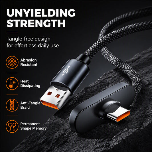 ⚡50% OFF NOW! 100W‑Rated 90° USB‑A to USB‑C Cable‑ Right‑Angle Braided Fast Charging Cord, Tangle‑Free Shape‑Memory Gaming Charger Cable for Phones & Tablets