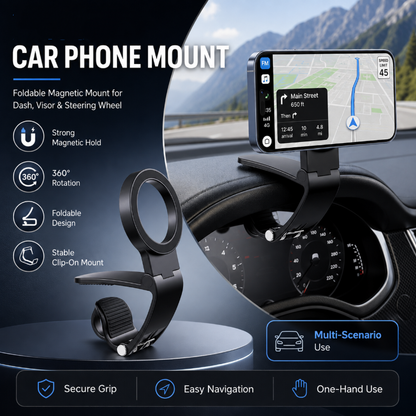 🚗50% OFF NOW! Foldable Magnetic Car Phone Mount – N52 Strong Magnet, 360° Rotation Anti-Slip Clip-On Holder, Fits Dashboard, Sun Visor & Steering Wheel