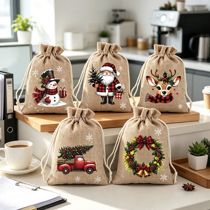 🎄50% OFF NOW! Christmas Drawstring Gift Bags – Rustic Burlap X‑mas Sack Pouches, Santa Snowman Reindeer Print, Reusable Holiday Candy Treat Bags for Gift Wrapping & Party Favors