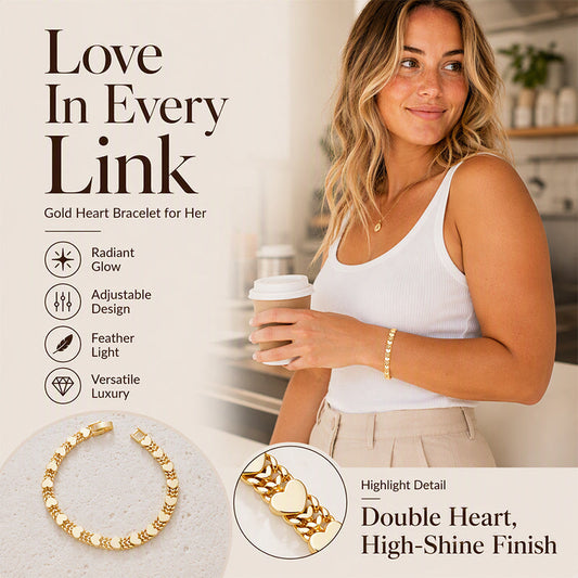 ✨50% OFF NOW! Women's Elegant Heart Link Bracelet‑ High‑Shine Gold‑Tone Double Heart Chain Bracelet, Adjustable Lightweight Luxury Jewelry Gift for Ladies