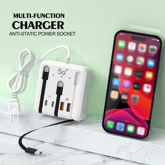 ⚡50% OFF NOW! Multi‑Port USB Charging Station‑Built‑in Retractable Cables PD Fast Charger Hub, Anti‑Static Multi‑Device Power Socket for Home Travel