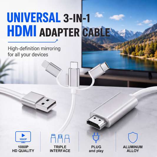 🔥50% OFF NOW! 3‑in‑1 Phone to HDMI Adapter Cable, 1080P HD Screen Mirroring Cord Plug‑and‑Play, Aluminum Alloy Universal HDMI Converter for Phones to TV Monitor Projector