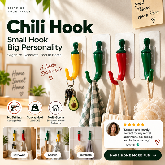 🌶️50% OFF NOW! Cute Chili-Shaped No-Drill Decorative Wall Hooks‑Self-Adhesive Damage-Free Hanging Hooks, Hold Up To 2KG for Kitchen Entryway Bathroom