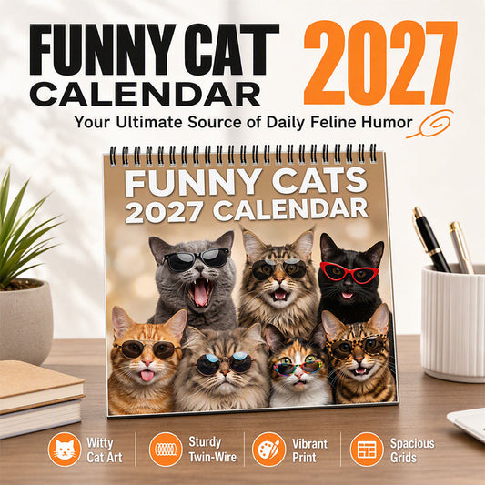 🐱 50% OFF NOW! 2027 Funny Cats Wall Calendar – Humorous Kitty Photo Desk Calendar, Large Monthly Grid, Twin-Wire Binding, Cute Cat Art Decor for Home & Office