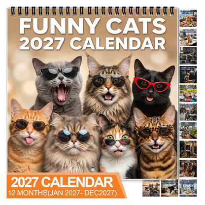 🐱 50% OFF NOW! 2027 Funny Cats Wall Calendar – Humorous Kitty Photo Desk Calendar, Large Monthly Grid, Twin-Wire Binding, Cute Cat Art Decor for Home & Office