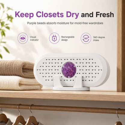 🧺50% OFF NOW! Mini Reusable Household Dehumidifier – 360° Air Intake Moisture Absorber with Visual Indicator, Rechargeable Closet Dehumidifier for Wardrobe, Bathroom & Small Storage Spaces