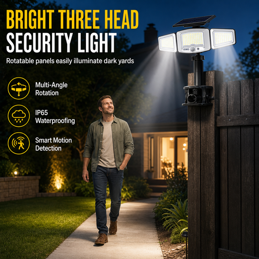 🔦50% OFF NOW! 3-Head Solar Security Light – Rotatable Panels Motion Sensor Outdoor LED Light, IP65 Waterproof, Bright Solar Flood Light for Yard, Garden & Fence