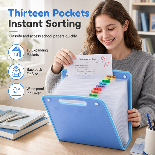 📁50% OFF NOW! A4 Accordion File Folder – 13 Expanding Pockets Waterproof PP Document Organizer with Handle, Portable Paper Sorter for School Homework & Office Filing