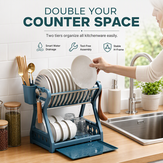 🍽️💧50% OFF NOW! Multi-Layer Steel Dish Drying Rack – 2-Tier Vertical Dish Storage with Drip Tray & Utensil Holder, Tool-Free Assembly for Kitchen Countertop