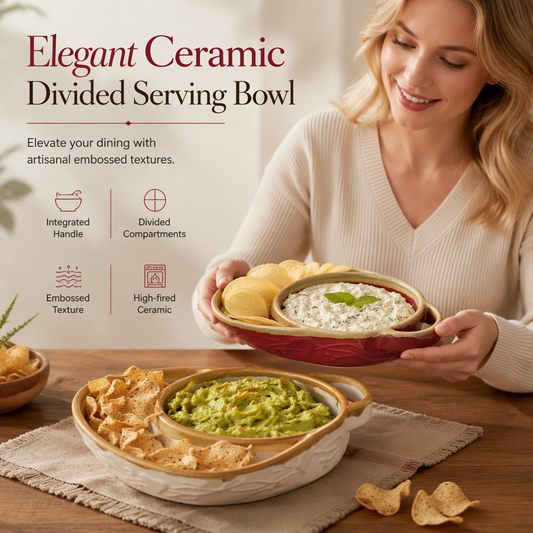 🥣✨50% OFF NOW! Retro Ceramic Divided Baking Dish – Vintage Embossed Divided Serving Bowl with Handle, Heat Resistant for Chips & Dip, Party Serving Platter for Snacks & Appetizers