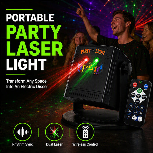 🎉50% OFF NOW! Portable Rechargeable Party Laser Light with Remote Control, Sound Activated RGB Stage Disco Light for Home Party, Birthday & Club Decor