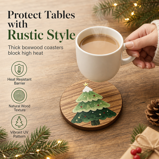 Christmas Tree Wooden Coasters for Coffee Cups and Hot Drinks