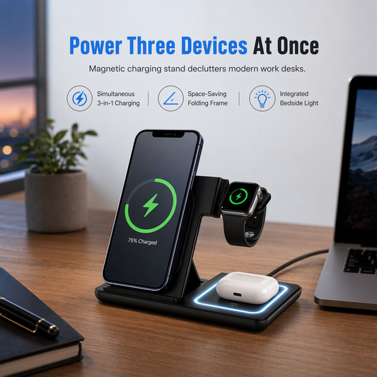⚡50% OFF NOW! Foldable 3-in-1 Magnetic Wireless Charging Stand – Fast Charging Station for Phone, Watch & Earbuds, with LED Night Light, Portable Charger Dock for Bedroom Desk