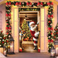 Christmas Door Cover - Santa & Reindeer Stretch Fabric Door Banner with 4-Side Elastic Edges, DIY Door Handle Cutout, Slip-On Front Door Holiday Decor