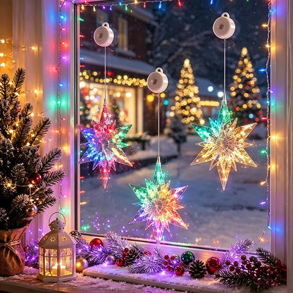 ⭐50% OFF NOW! Christmas Suction Window Star Lights – No Drill No Residue Battery Powered Festive Window Decor Lights, Reusable Colourful & Warm Glow Hanging Lights